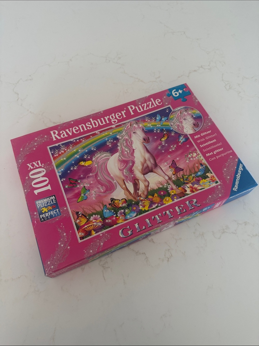 3/$25 Ravensburger Pink Unicorn Glitter Puzzle with Rainbow & butterflies